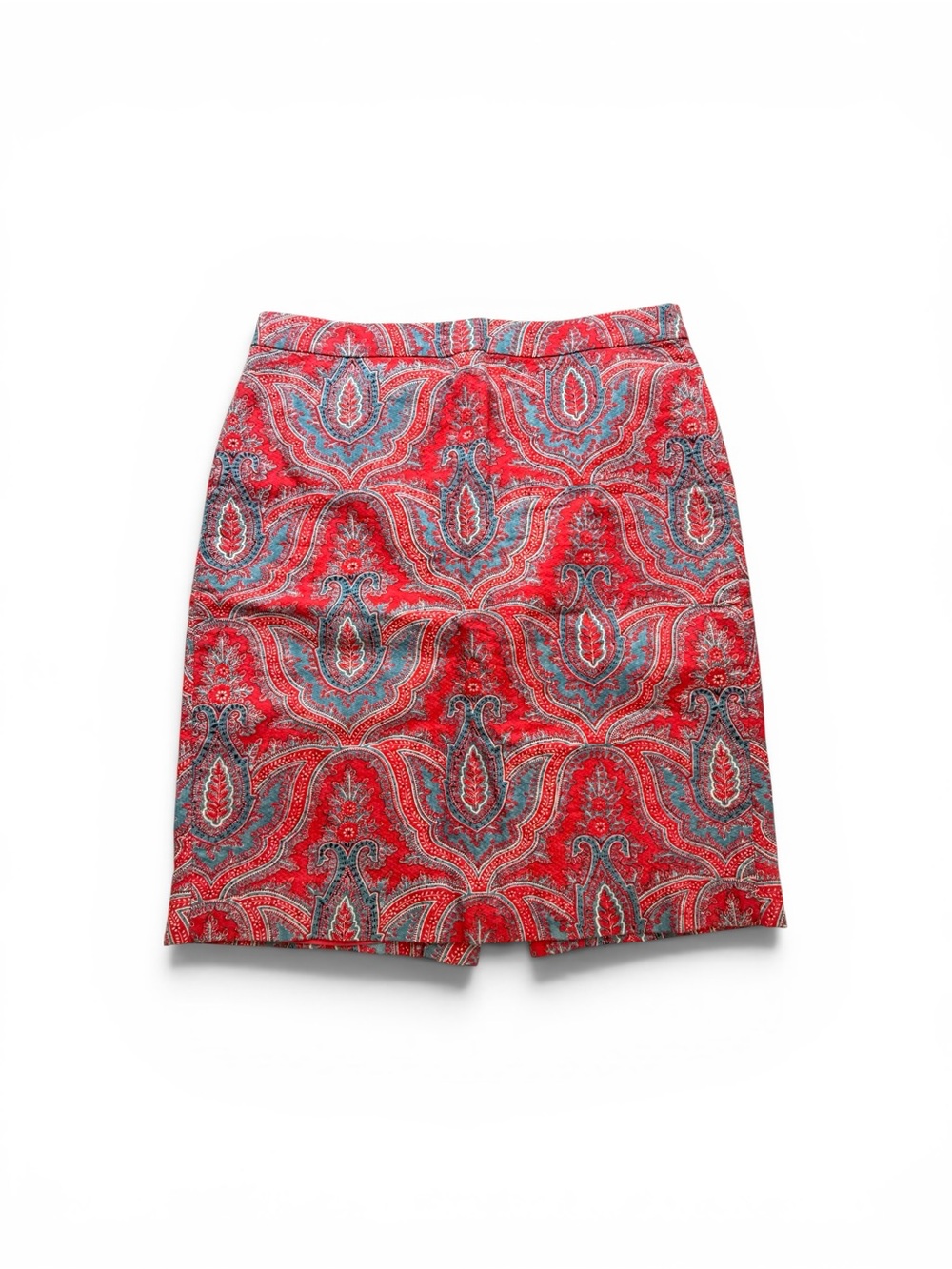J. Crew Red Paisley Pencil Skirt with Teal Accents